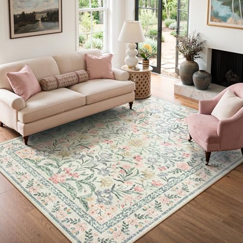 Lahome Boho Rugs for Living Room 5x7, Machine Washable Area Rugs Non-Slip, Vintage Floral Soft Kids Bedroom Carpet Rug for Home Girls Playroom Foyer Entryway, Beige/Multi - color: Beige, size: 5' x 7' (Rectangular)