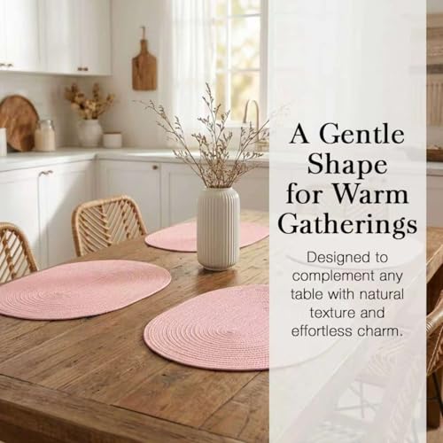 Placemats Set of 6, Woven Oval Braided Dining Table Mats(Blush Pink) | 12 x 17.5 Inch Size Fits Plates and Flatware; Hand Washable and Heat Resistant for Kitchen Use, with Farmhouse and Boho Style - color: Solid Pink, size: 6 pcs