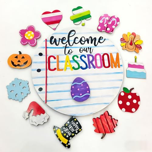 Welcome to Classroom Front Door Decoration Sign, Seasonal Door Sign | 12 inch Interchangeable Wooden Plaque for Classroom/Home, DIY Wall Decor for Christmas Holidays & Back-to-School,13 Patterns