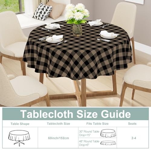 Round Waterproof Vinyl Table Cloth, Buffalo Flannel Backed Tablecloth, Wipeable Plastic Table Cover for Dinner, Kitchen, Picnic (60", Black and Khaki) - color: Black and Khaki, size: 60" (Round)