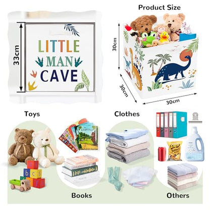 Clastyle 11.8" Dinosaur Storage Basket Set of 3 for Kid Boy Toy Clothes Bin | Collapsible Fabric Book Bin, Metal Frame Bottom Board, Cube Organizer, Closet Nursery Pantry Shelf Bedroom, Boho Dino Palm - color: Palms