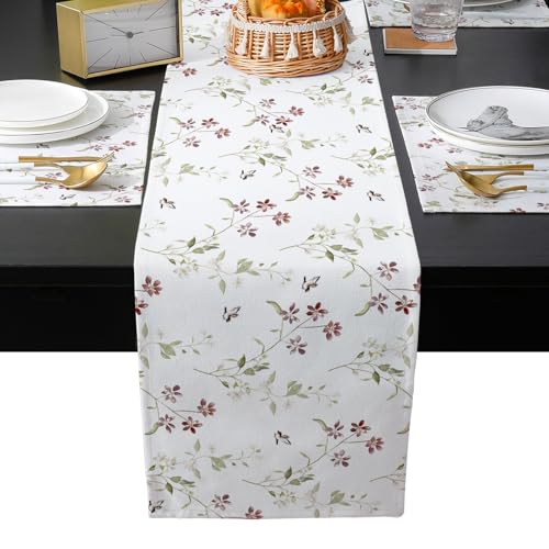 Table Runner and Placemats Set of 6 Flower Floral Branch Decorative Dining Table Runner with Matching Placemats Leaves Plant Nature Table Decor for Kitchen Dining Room and Everyday Use 13x90in - size: 13"x90"+6pcs