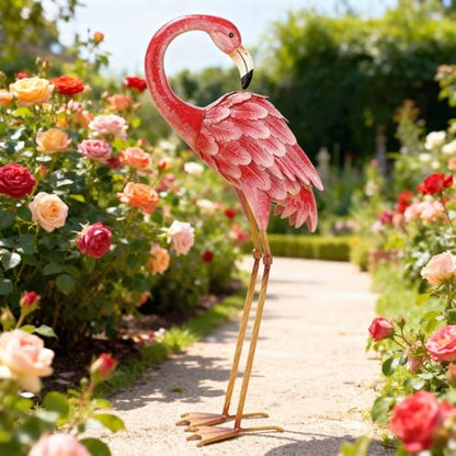 Shorayn Garden Statue Metal Flamingo Pink Life-Size Indoor Outdoor Decor Handmade Bird