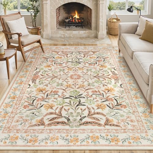 Lahome Orange Floral Area Rugs 8x10, Fall Washable Rugs for Living Room | Soft Rubber Backed Non-Slip Carpet for Dining Playroom Fall Decor, Ochre Fall - color: Ochre Fall, size: 8' x 10' (Rectangular)