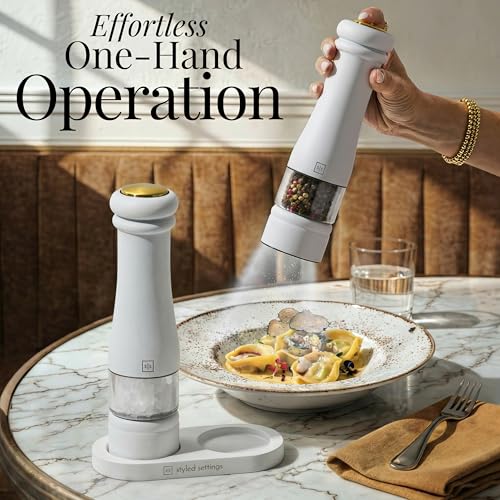 Styled Settings Electric Salt and Pepper Grinder Set, White | Automatic White and Gold Electric Salt and Pepper Shakers with Wood Base, LED Light, Battery Operated, Adjustable Coarseness - color: White