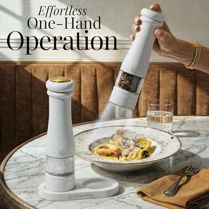 Styled Settings Electric Salt and Pepper Grinder Set, White | Automatic White and Gold Electric Salt and Pepper Shakers with Wood Base, LED Light, Battery Operated, Adjustable Coarseness - color: White