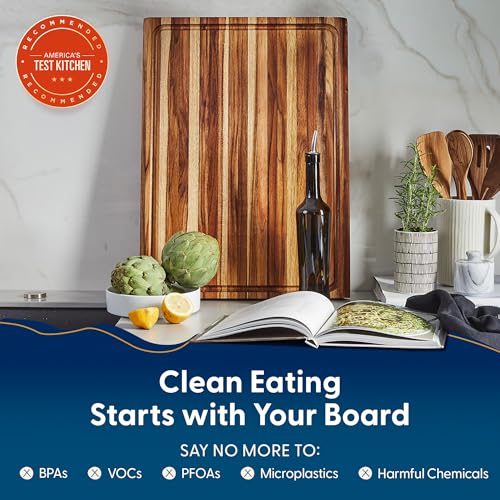 Sonder Los Angeles Highland Teak Wood Extra Large Cutting Board 23x17x1.5" | Non-toxic, Edge Grain, Juice Groove, Built-in Handles, Gift Box Included, Heavy Duty BBQ Board, 13 lbs - color: Highland | Teak | Edge Grain