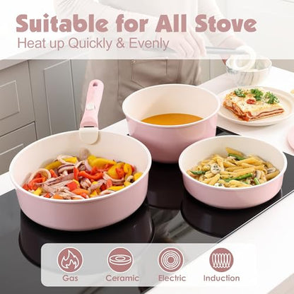SENSARTE 24 Piece Ceramic Detachable Handle Pots and Pans Set Pink | Ceramic Cookware Set, Induction Cookware Set with Removable Handle, Healthy Non Stick for RV, Dishwasher ＆ Oven Safe - color: Pink, size: 24 Piece