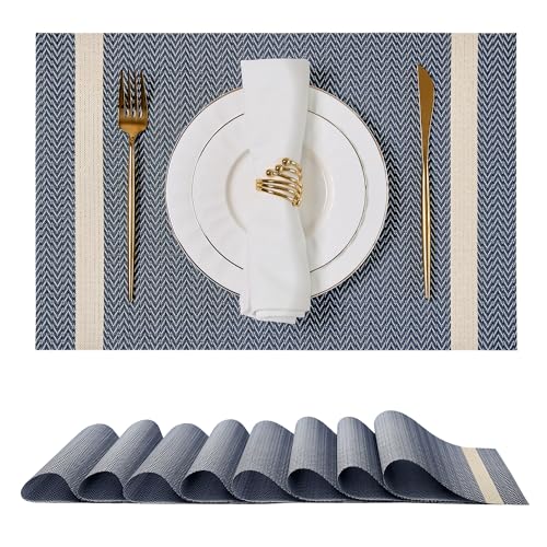Leetaltree Woven Vinyl Placemats Set of 8,Blue Striped | High Density，Stain Resistant, Easy to Clean, Washable Table Mats for Indoor Dining and Outdoor Patio - color: Z1- Blue Striped, size: Set of 8