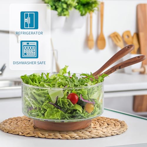 MDLUU Large Glass Salad Bowl with Wood Utensils Set, Serving Bowls for Salad, Layered Fruit Trifle