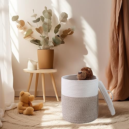 Yimi's Dream Lidded Storage Basket, Medium Brown & White Cotton Rope Basket | Small Round Woven Basket with Lid for Nursery, Baby Toy, Laundry, Yarn, Living Room, Blanket, Organization(11.5''D * 13.5''H) - color: 1 PACK-Brown&White-LIDDED
