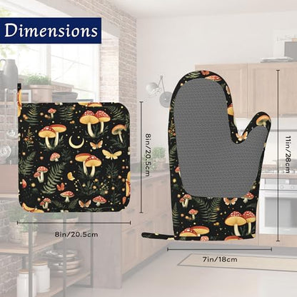 Boho Mushrooms Oven Mitts and Pot Holders Sets of 4 Wildflowers Butterfly Heat Resistant Silicone Oven Mits Gloves Non-Slip Kitchen Mittens Potholders for Cooking Baking Grilling BBQ - color: Boho Mushrooms,wildflowers Butterfly
