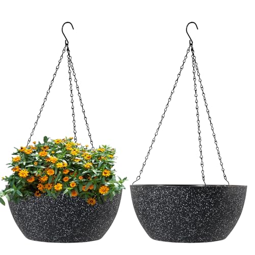 WSMKSZ 10 inch Hanging Planters for Outdoor Indoor Plants with Drainage Holes and Chain, 2 Pack Round Hanging Flower Pots for Garden Home Porch Decor, Speckled Black - color: Speckled Black, size: 10inch 2pcs