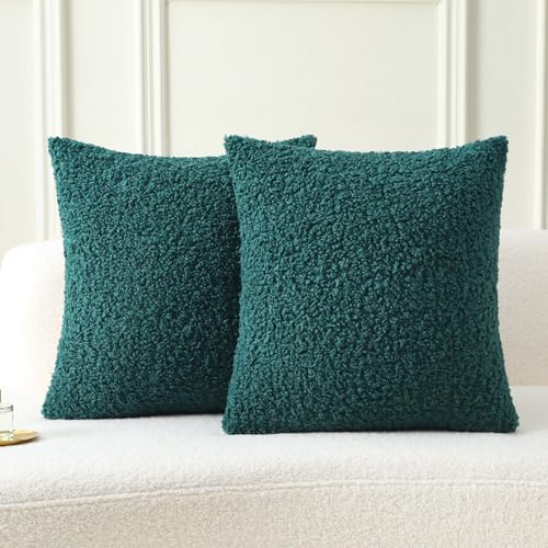 FUTEI Pack of 2 Faux Fur Teddy Boucle Pillow Covers 16x16 Inch, Dark Green | Soft Fluffy Decorative Textured Neutral Pillow Covers, Machine Washable,Accent Solid Couch Pillows Sofa Bed Home Living Room - color: Dark Green, size: 16" x 16" (Pack of 2)