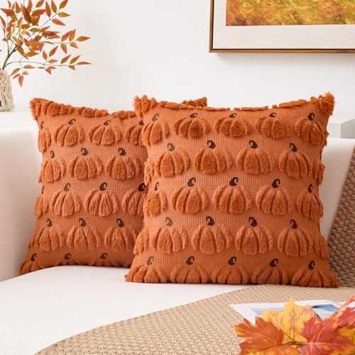 Kevin Textile Fall Pumpkins Pillow Covers 18x18 Inch Set of 2 Autumn Embroidery Decorative Square Pillowcases Soft Faux Fur Cushions Harvest Gift for Couch Sofa Chair Bedroom Halloween, Brown Stem - color: Brown Stem, size: 18" x 18" (Pack of 2)