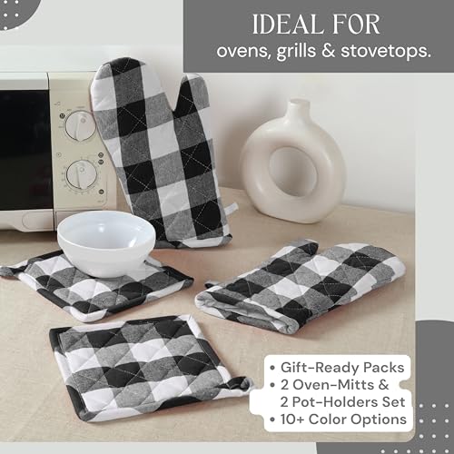 Oven Mitt & Pot Holder Buffalo Plaid Check 100% Cotton Heat Resistant Oven Gloves (7"x13") & Hot Pads (8"x8") Combo for Baking, Cooking - Black - color: Black, Buffalo Plaid
