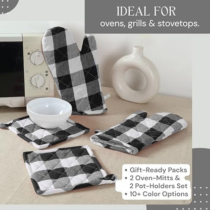 Oven Mitt & Pot Holder Buffalo Plaid Check 100% Cotton Heat Resistant Oven Gloves (7"x13") & Hot Pads (8"x8") Combo for Baking, Cooking - Black - color: Black, Buffalo Plaid