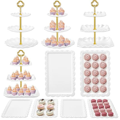 Kootek 10pcs Cupcake Stand Dessert Table Display Set Serving Tray for Party | 3-Tier Cupcake Stand, 6 Rectangular Trays, Hold 128 Standard Cupcakes, Cookie Display, BPA-Free, No Tools Required, Hand Wash - color: Gold & White, size: 10 Set