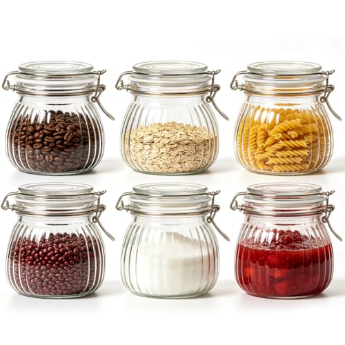 ComSaf Small Ribbed Glass Jars with Airtight Lids 17 oz 6 Pack Wide Mouth | Flour sugar coffee beans, Fermenting pickling, Farmhouse pantry decor, Jam jelly honey, Nuts snacks spices, Kitchen storage - size: 17oz*6-Ribbed