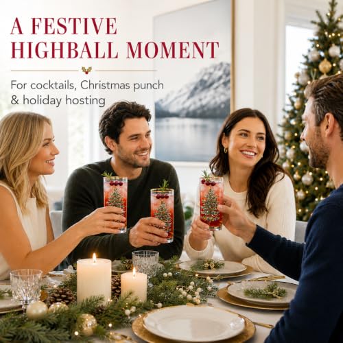 Spode Christmas Tree 15oz Highball Glasses, Set of 4 - Gold-Rimmed Elegant Holiday-Themed Glassware, Festive Holiday Drinkware for Christmas Parties, New Year’s Toasts & Festive Occasions | Ideal for serving cocktails & sparkling water, 22k gold-trimmed r