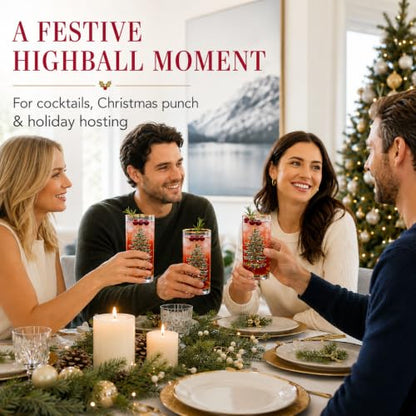 Spode Christmas Tree 15oz Highball Glasses, Set of 4 - Gold-Rimmed Elegant Holiday-Themed Glassware, Festive Holiday Drinkware for Christmas Parties, New Year’s Toasts & Festive Occasions | Ideal for serving cocktails & sparkling water, 22k gold-trimmed r