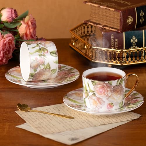 KAMMAK Tea Cups and Saucers Set of 2, Porcelain Coffee Cups, JBE027 | Stackable Espresso Mugs, Ceramic Demitasse for Coffee, Cappuccino, Latte, Americano, Tea - size: 8CZJBE027