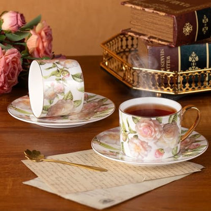 KAMMAK Tea Cups and Saucers Set of 2, Porcelain Coffee Cups, JBE027 | Stackable Espresso Mugs, Ceramic Demitasse for Coffee, Cappuccino, Latte, Americano, Tea - size: 8CZJBE027