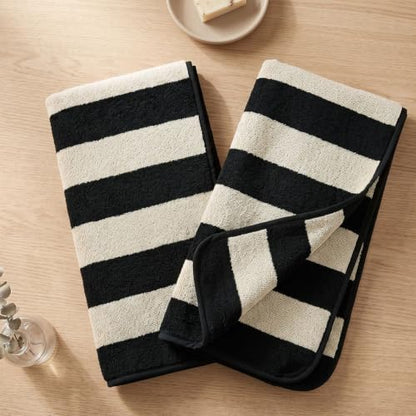 2-Piece Hand Towels for Bathroom Kitchen Decor - Black & Cream Stripe | Hand Towel, Cotton Soft for Spa Gym Travel, 13 x 29
