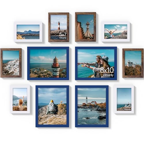 Vittanly 12 Pack Gallery Wall Frame Set, Black, Brown, White | Gallery Wall Frame Set: 4pcs 8x10, 4pcs 5x7 & 4pcs 4x6 Photos for Wall & Table, Picture Frames made of Engineered Wood - color: Blue & Brown & White