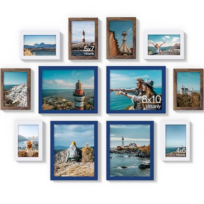 Vittanly 12 Pack Gallery Wall Frame Set, Black, Brown, White | Gallery Wall Frame Set: 4pcs 8x10, 4pcs 5x7 & 4pcs 4x6 Photos for Wall & Table, Picture Frames made of Engineered Wood - color: Blue & Brown & White