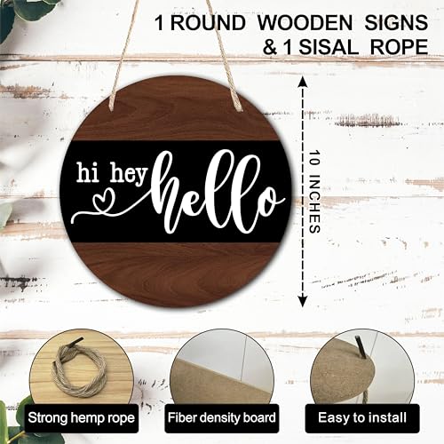 10" Welcome Wooden Sign With Rope - Hi Hey Hello Round Hanging Wooden Plaque - Outdoor Front Door Wall Farmhouse Decoration For Home - Modern Artistic Housewarming Gift - A05