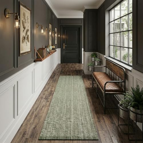 Sage Green Braided Low Pile Kitchen Runners Rugs Farmhouse Entry Rug | 2.6x10 ft Washable Hallway Runner Rug, Modern Woven Bathroom Rugs Long Front Door Floor Carpet for Classroom/Bedroom/Doorway - color: Sage Green/Cream, size: 2.6'x10'(Rectangular)