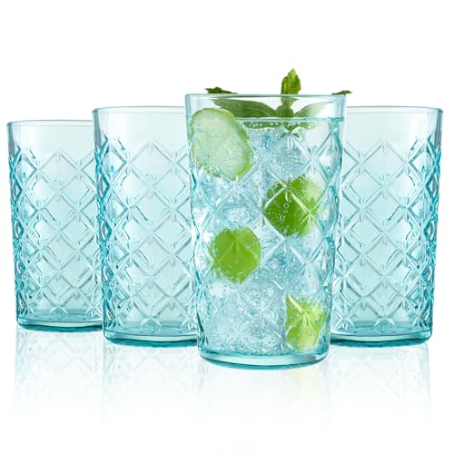 Drinking Highball Glasses Set of 4, Vintage Cross Hatch Glass Cups, 15.5oz Tall Drinking Water Glasses, Dishwasher Safe Blue Glass Tumbler Glassware for Water, Juice, Cocktail, Coffee - color: Blue