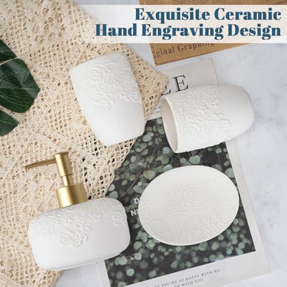 Bathroom Accessories Set, 4pcs Ceramic with Embossed Design Look Sets Bathroom Soap Dispenser with Rust-Proof Plastic Pump 13.5oz & 2Pcs Ceramic Cup, 1Pcs Soap Dish - color: White-gold