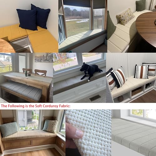 Custom Bay Window Sill Seat Cushion Plump Textured Line Customized Bench Seating Foam Cushions for Indoor Furniture, Mudroom, Reading Nook, Kitchen Dining Room, Anti-Cat, Splash-Proof, Non Slip Bottom