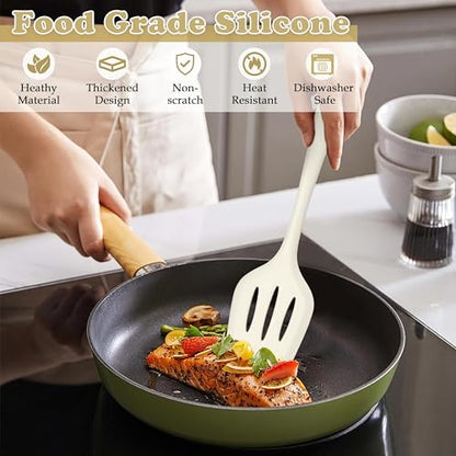 LIANYU 14 Pcs Silicone Cooking Utensils Set with Holder, Cream White | Kitchen Utensils Set for Non-Stick Cookware, 446°F Heat Resistant Cooking Tools with Comfort Grip Handle, Dishwasher safe - color: Cream White
