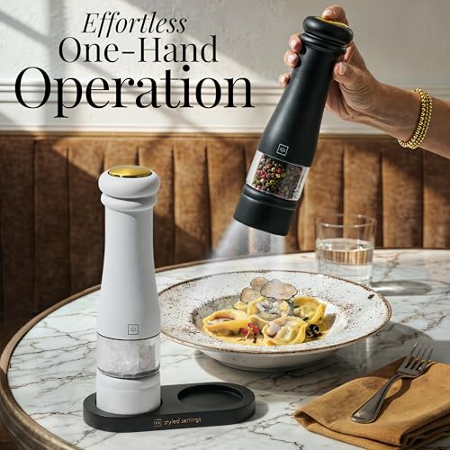 Styled Settings Electric Salt and Pepper Grinder Set, Black & white | Automatic Stainless Steel Battery Operated Salt and Pepper Mill, LED Light, Adjustable Coarseness, Wood Base - color: Black/White
