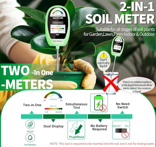 Soil Test Kit, 2-in-1 Soil Moisture Meter, Soil pH Meter -Dual Dial-Simultaneously-Display Results-Soil pH Tester, Moisture Meter for Garden,Lawn,Farm Indoor&Outdoor Plants-Teargreen - color: Teagreen