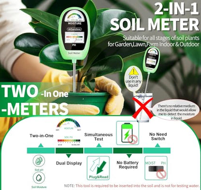 Soil Test Kit, 2-in-1 Soil Moisture Meter, Soil pH Meter -Dual Dial-Simultaneously-Display Results-Soil pH Tester, Moisture Meter for Garden,Lawn,Farm Indoor&Outdoor Plants-Teargreen - color: Teagreen
