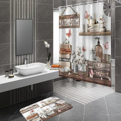 DDQQ 4Pcs Shower Curtain Sets, Farmhouse Style Bathroom Curtains Shower Set, Cupboard Bathroom Decor Sets, Shower Curtain with Rugs, Toilet Lid Cover, Bath Mat and 12 Hooks, 71 x 71 in - color: Cream
