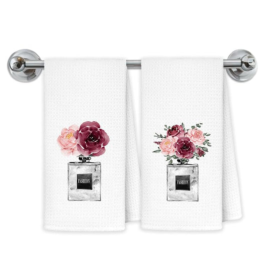 Floral Perfume Bathroom Hand Towels, Pink and Black Bathroom Decor, Trendy Fashion Girly Aesthetic Hand Towels for Bath Room Washroom Restroom, 16x24 Inch Set of 2 - color: Coquette-towels-n