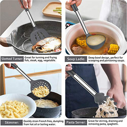 LIANYU 43 Pcs Kitchen Cooking Utensils Set, Silicone Cooking Utensils Spatula Set with Holder, Heat Resistant Kitchen Gadgets Tools for Nonstick Cookware Set, Stainless Steel Handle, Grey - color: Gray