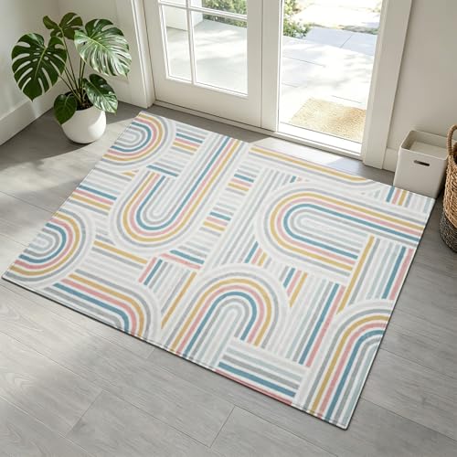 2'x3' Washable Entryway Rug Small Area Rugs Modern Colorful Geometric Accent Rug Abstract Line Art Pattern Throw Rugs Non-Slip Low Pile Mat for Door Bedroom Bathroom Kitchen or Dorm Room - color: Geometric 02--multicolor