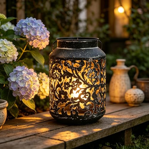 Vintage Metal Candle Lanterns with Handle Rustic Distressed Black Decorative Candle Holder with Floral Cut-Out Design for Home, Garden, Patio, Porch, Parties, Weddings Decor (Black) - color: Black