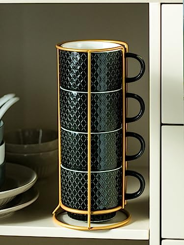 LYEOBOH Stackable Coffee Mugs Set of 4 with Rack & Spoons Coffee Mug Set 13 OZ., Ceramic Embossed Grinding Demitasse Cups Set Cappuccino Cup Halloween for Coffee, Latte, Macchiato, Espresso, Black - color: Black