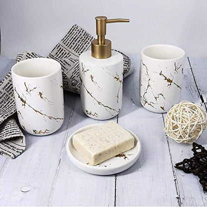 Cream Bathroom Accessories Set Complete, 4 Pcs Ceramic Bathroom Decorations Accessories Sets Includes Lotion Dispenser, 2 Tumblers and Soap Dish for Bath Decor, Countertop Vanity Organize
