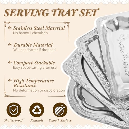 Rtteri 4 Pack 15.7" x 11.8" Large Silver Serving Trays for Party Set, Floral Engraved Serving Platters, Wedding Birthday Mirror Tray for Party, Appetizer, Charcuterie, Cookies, Desserts (Classic) - style: Classic