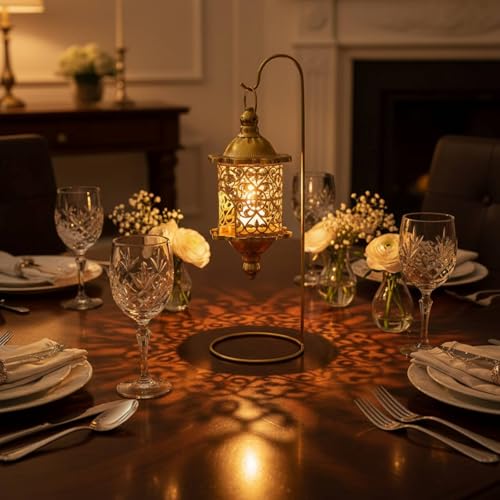 Gralara Hanging Candle Lantern with Stand Wrought Iron Baroque Style Lantern Romantic Atmosphere Hollow Metal Candle Holder for Living Room, Tabletop, Wedding, Gold