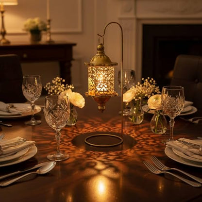 Gralara Hanging Candle Lantern with Stand Wrought Iron Baroque Style Lantern Romantic Atmosphere Hollow Metal Candle Holder for Living Room, Tabletop, Wedding, Gold