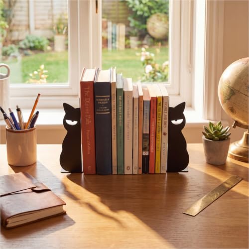 Angry Cat Bookends Set of 2 Metal Book Ends for Shelves Desk | Sarcastic Silhouette Design, Holds Books on Bookshelf or Office, Black Metal Construction, Gift for Cat Lovers and Readers - style: Angry Cat
